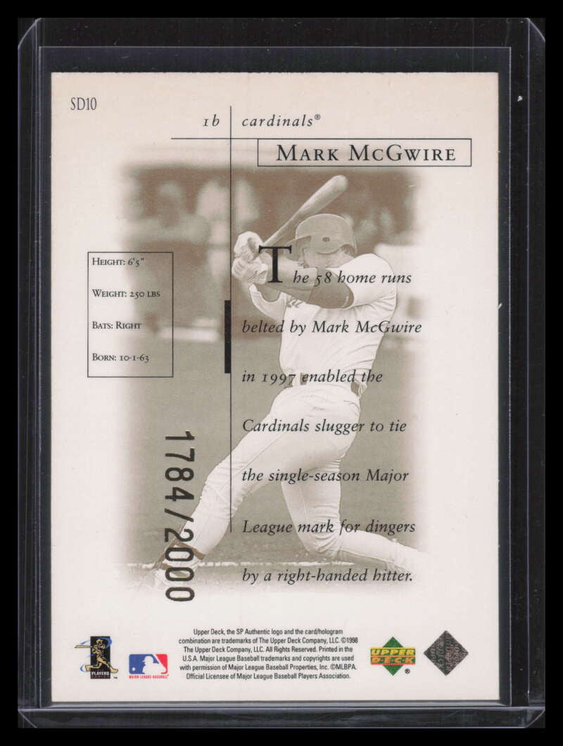 DELETE 151304 1998 SP Authentic Sheer Dominance Gold sd10 Mark McGwire 1784/2000