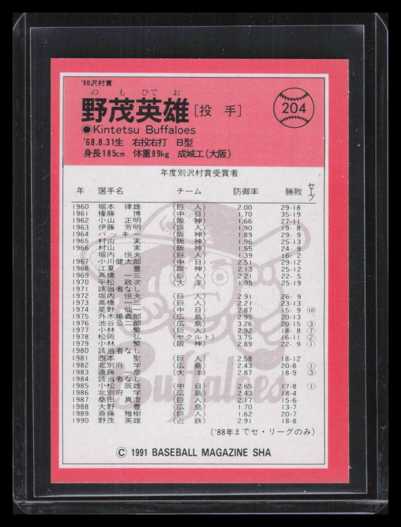 1991 BBM Japan 204 Hideo Nomo LL League Leaders