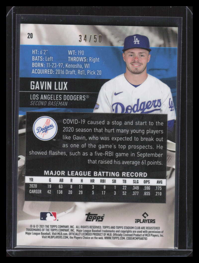 2021 Stadium Club Chrome Gold Refractor 20 Gavin Lux 34/50