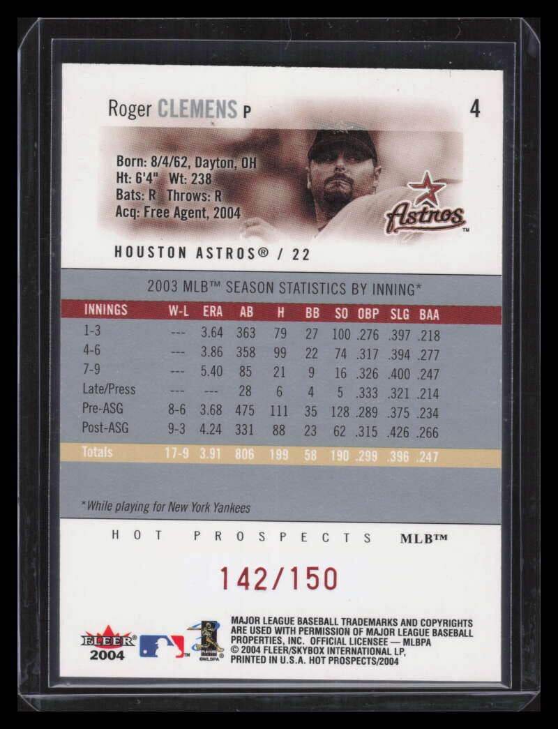 SOLD 151364 2004 Hot Prospects Draft Red Hot 4 Roger Clemens 142/150