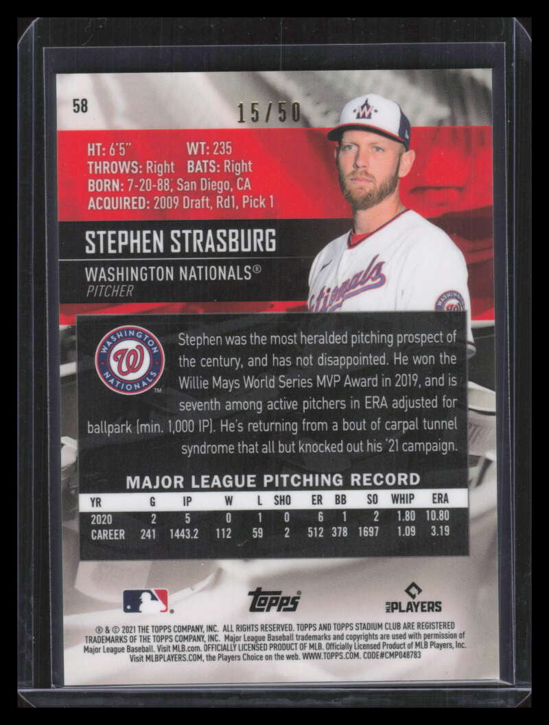 2021 Stadium Club Chrome Gold Refractor 58 Stephen Strasburg 15/50