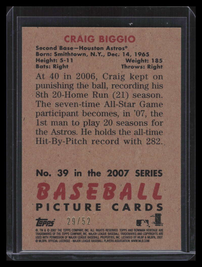 2007 Bowman Heritage Black 39 Craig Biggio 29/52