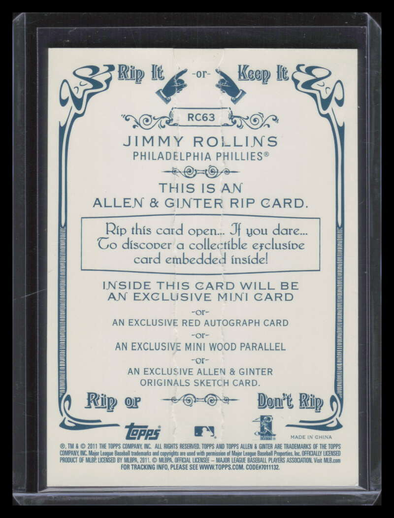 DELETE 151416 2011 Topps Allen and Ginter Rip Cards rc63 Jimmy Rollins 8/50 RIPPED