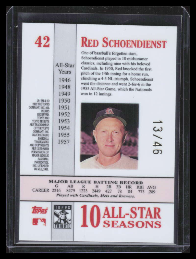 SOLD 151435 2003 Topps Tribute Perennial All-Star Gold 42 Red Schoendienst 13/46