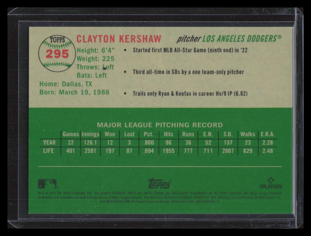SOLD 151475 2023 Topps Chrome Platinum Toile White Green Refractor 295 Clayton Kershaw 45/99