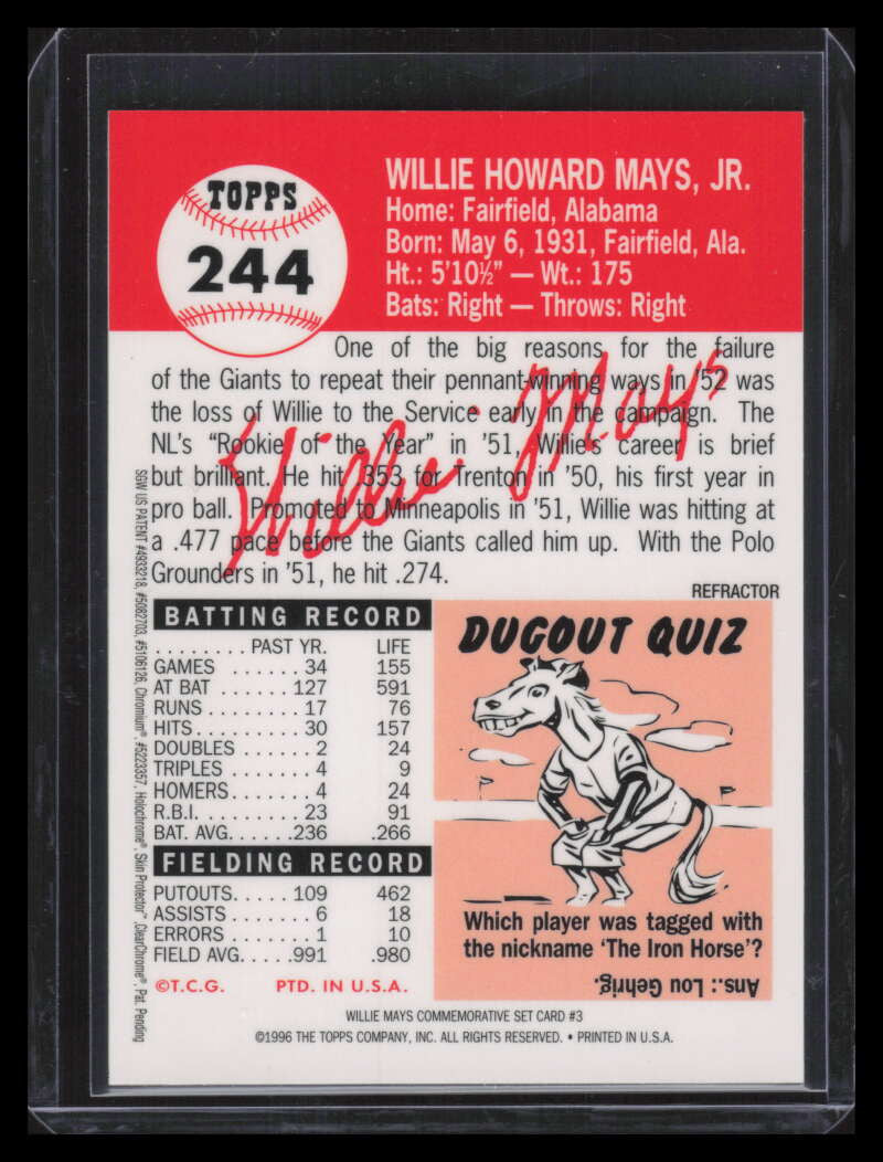 1997 Topps Mays Finest Refractor 3 Willie Mays 1953