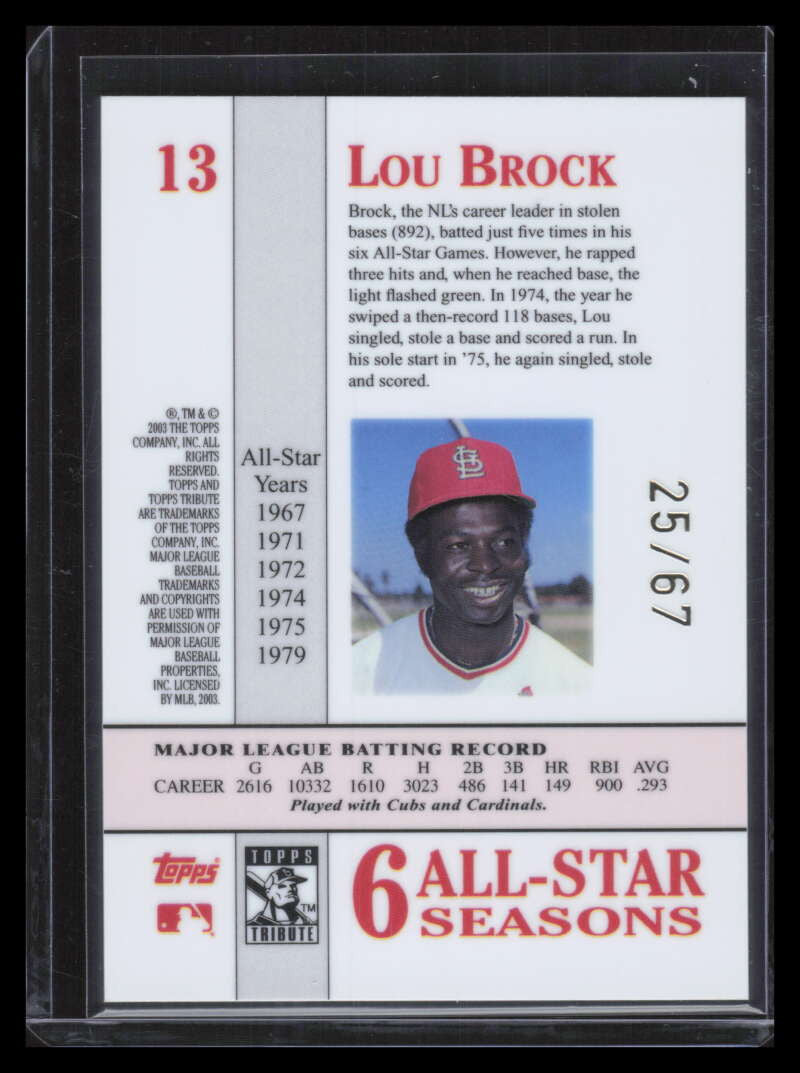 SOLD 151498 2003 Topps Tribute Perennial All-Star Gold 13 Lou Brock 25/67
