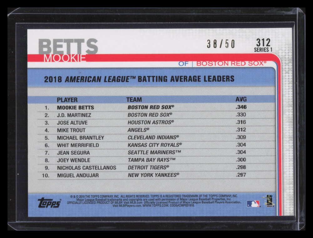 2019 Topps Father's Day Blue 312 Mookie Betts LL 38/50 League Leaders