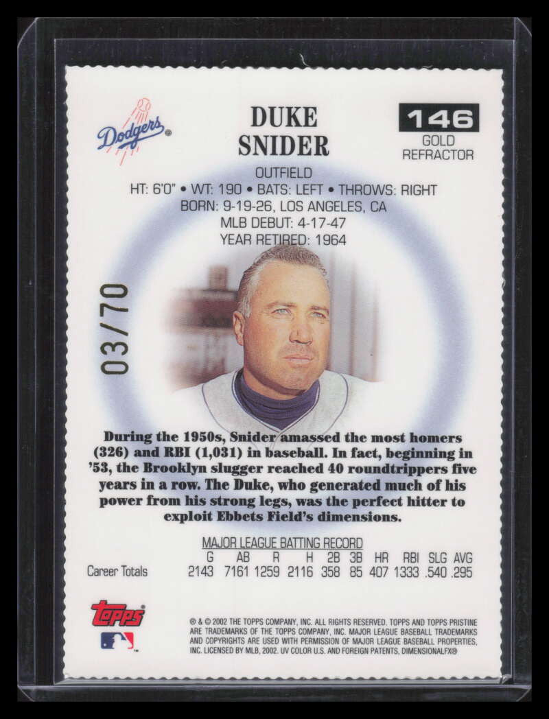 2002 Topps Pristine Gold Refractor 146 Duke Snider 3/70