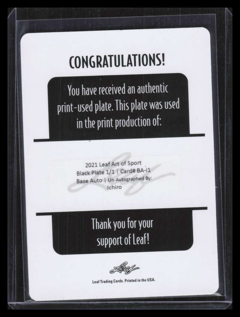 2021 Leaf Art of Sport Printing Plate Black bai1 Ichiro Suzuki 1/1