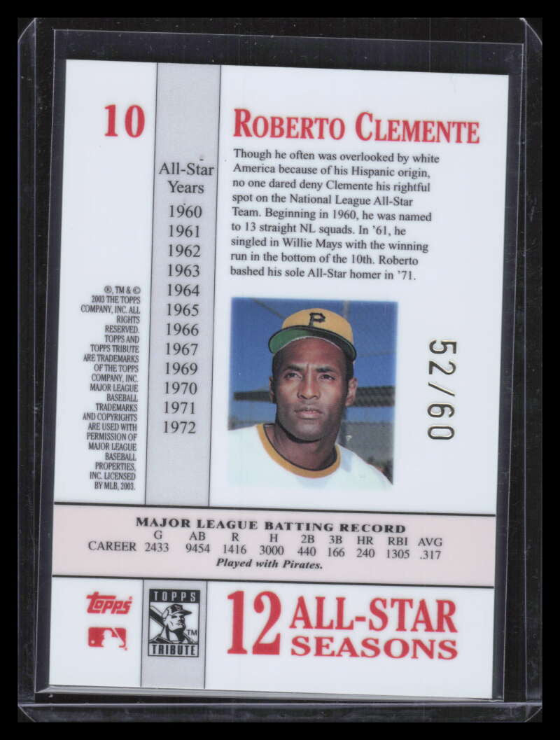 SOLD 151607 2003 Topps Tribute Perennial All-Star Gold 10 Roberto Clemente 52/60