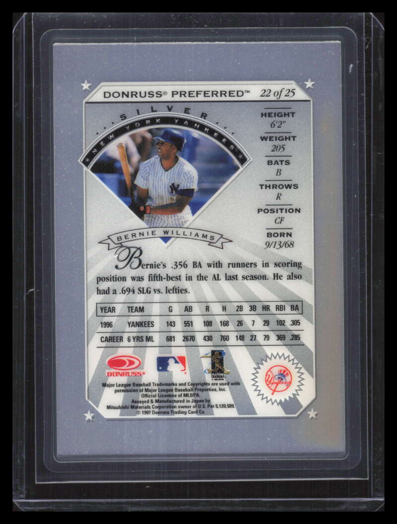 1997 Donruss Preferred Precious Metals 22 Bernie Williams /100 Fine Silver READ