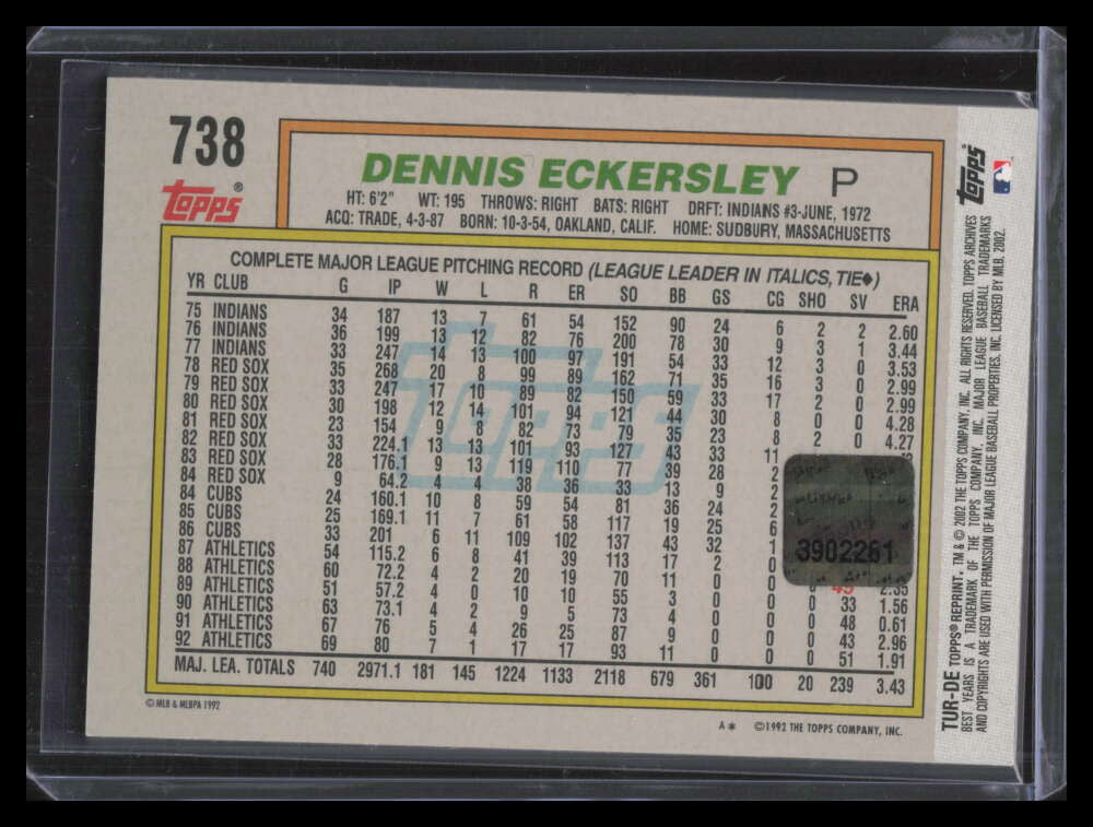 2002 Topps Archives Uniform Relics TURDE Dennis Eckersley 92 Jersey 1992