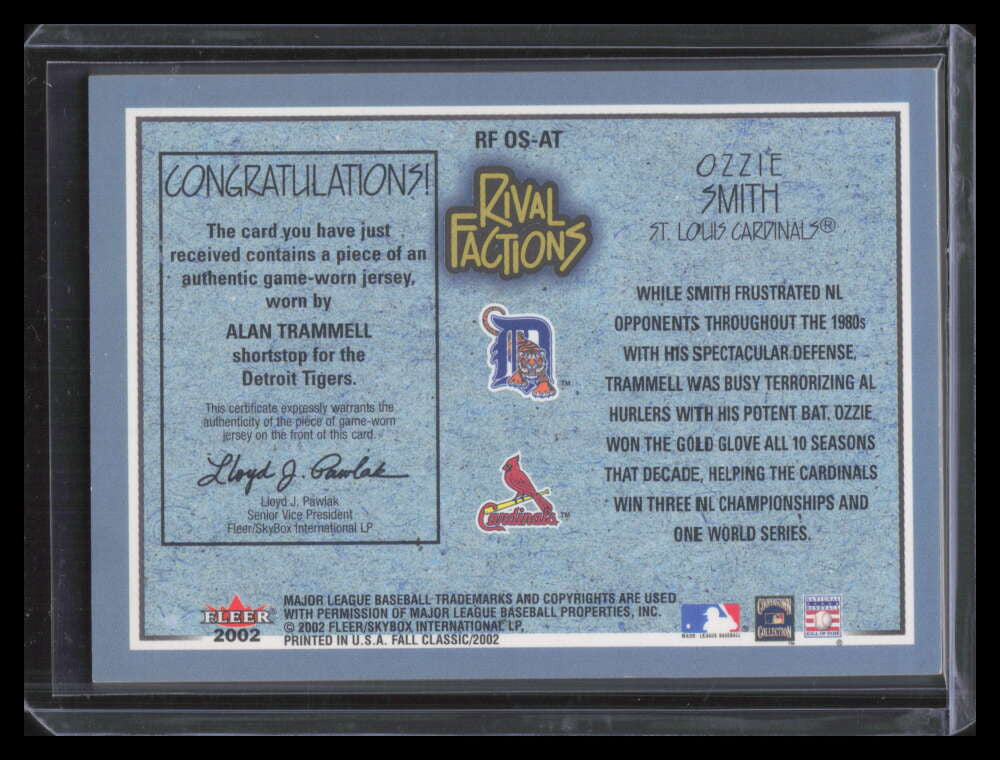 2002 Fleer Fall Classics Rival Factions 59 Ozzie Smith Alan Trammell Jersey /250
