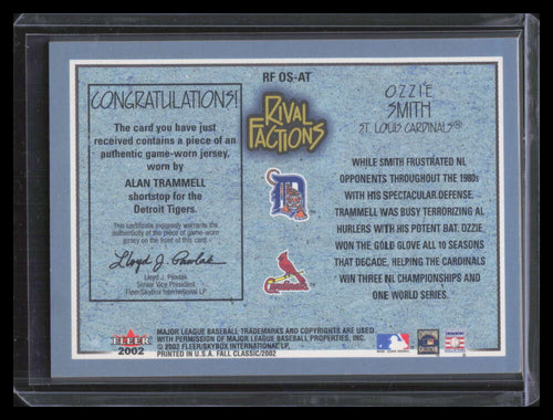 2002 Fleer Fall Classics Rival Factions 59 Ozzie Smith Alan Trammell Jersey /250