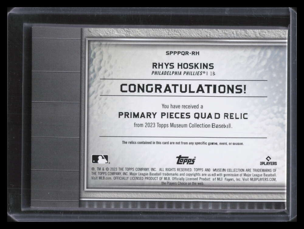 SOLD 151657 2023 Topps Museum Primary Pieces Amethyst SPPPQRRH Rhys Hoskins Quad Jersey 5/15