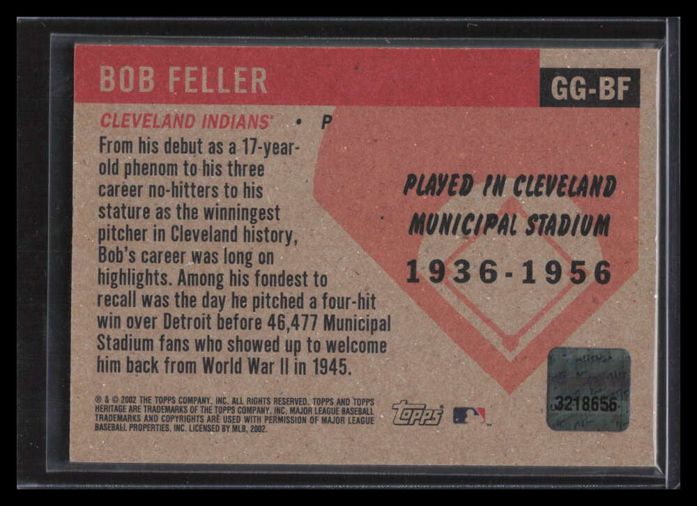 SOLD 151682 2002 Topps Heritage Grandstand Glory Bob Feller Cleveland Municipal Stadium Seat