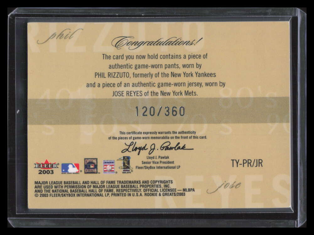 2003 Fleer Rookies Greats Through Years Reyes Phil Rizzuto Pants Jersey 120/360