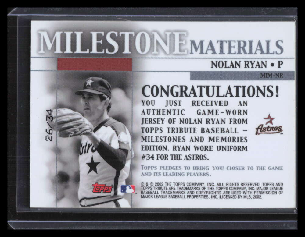 2002 Topps Tribute Milestone Materials Jersey Number NR Nolan Ryan Jersey 26/34