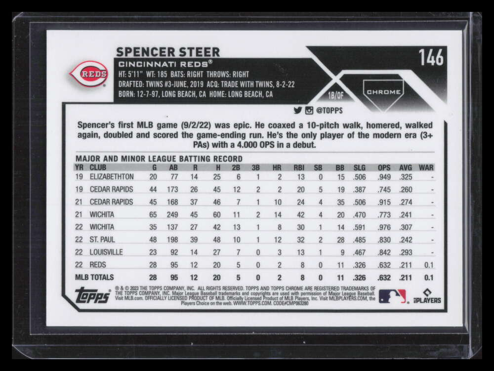 2023 Topps Chrome Logofractor Blue Refractor 146 Spencer Steer Rookie 108/150