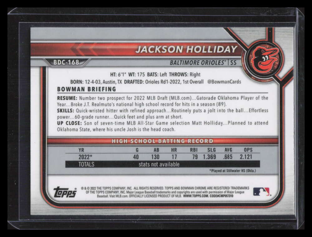 2022 Bowman Chrome Draft bdc168 Jackson Holliday Rookie 140689