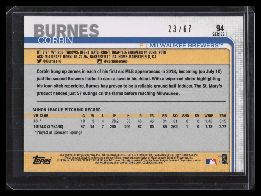 2019 Topps Black 94 Corbin Burnes Rookie 23/67
