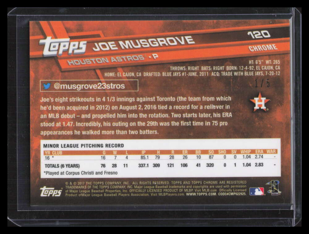 2017 Topps Chrome Red Refractor 120 Joe Musgrove Rookie 1/5