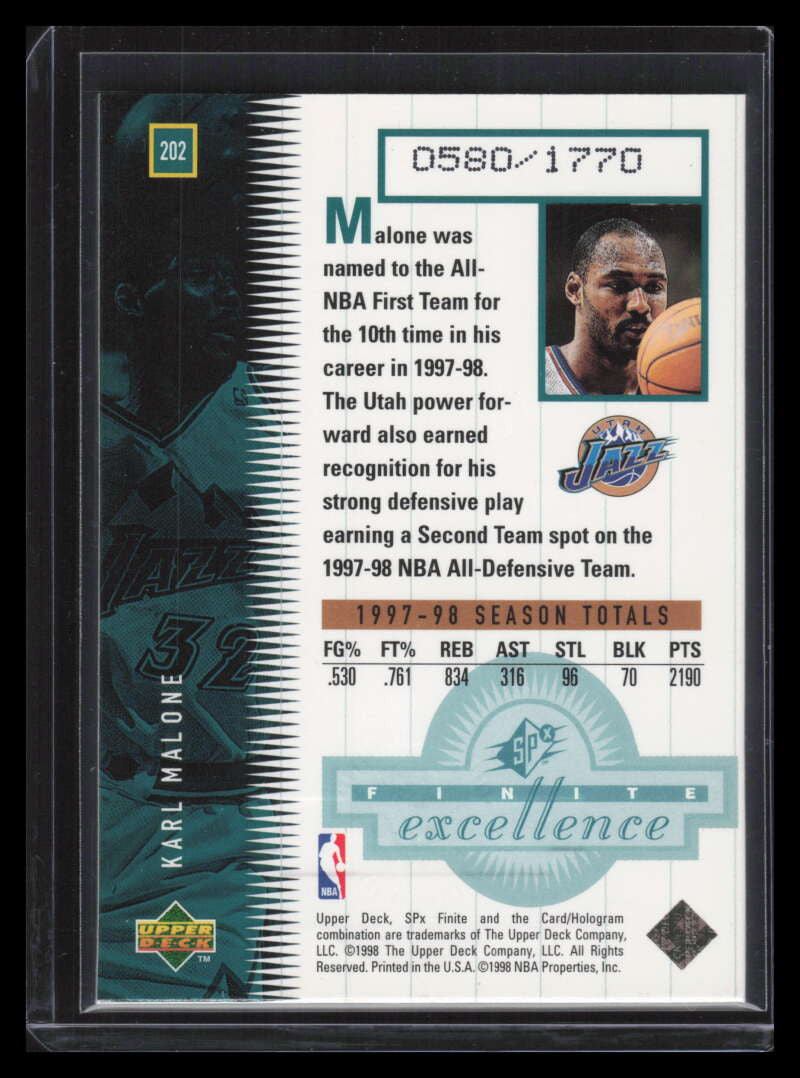 1998-99 SPx Finite 202 Karl Malone FE 580/1770 Finite Excellence