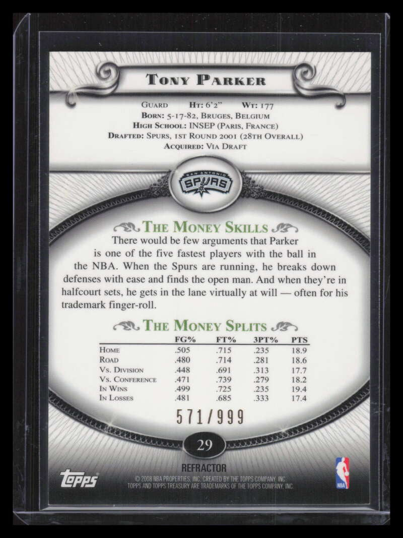 2008-09 Topps Treasury Bronze Refractor 29 Tony Parker 571/999