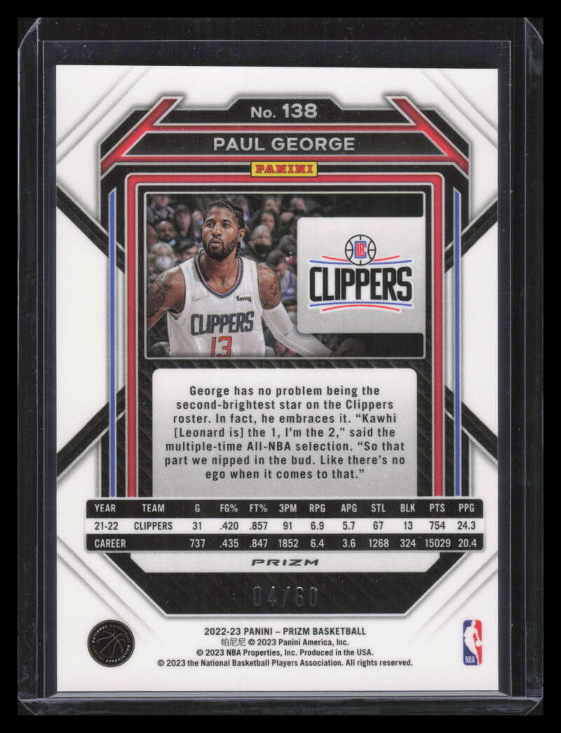 2022-23 Panini Prizm Prizms Orange Wave Refractor 138 Paul George 4/60