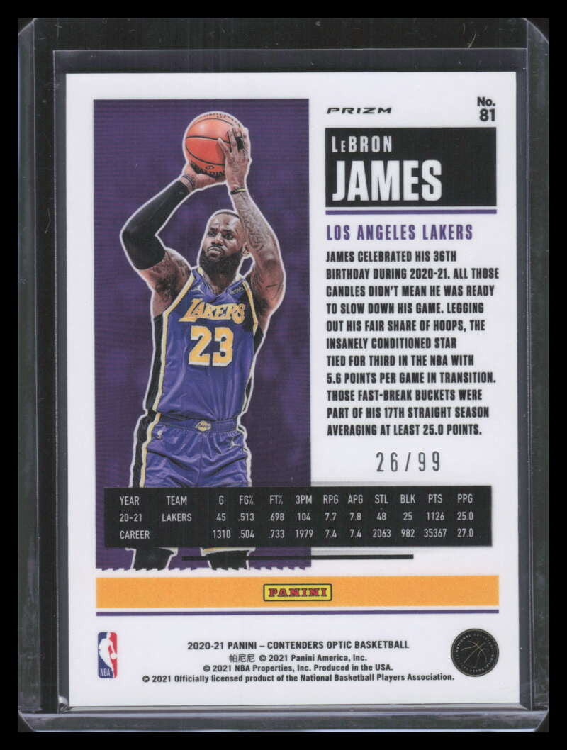 SOLD 152003 2020-21 Panini Contenders Optic Blue 81 LeBron James 26/99