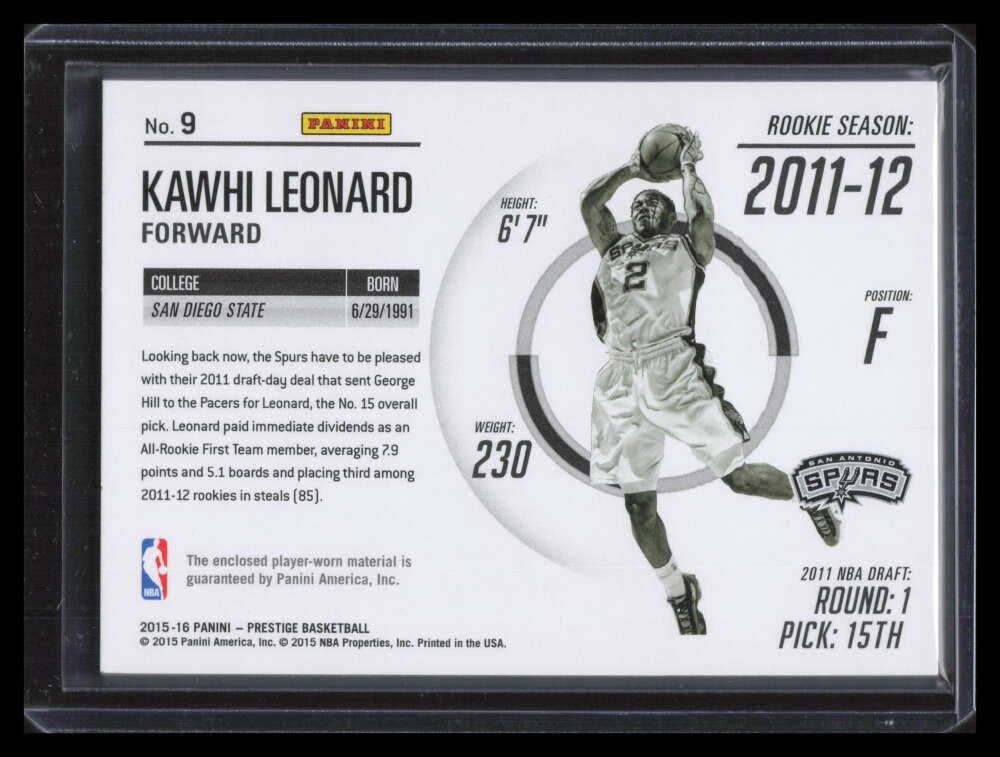 2015-16 Prestige Freshman Flashback Jumbo Materials 9 Kawhi Leonard Jersey