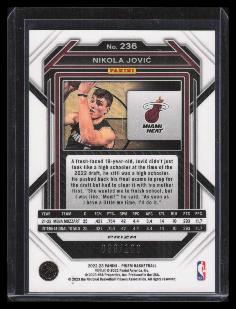 DELETE 152084 2022-23 Panini Prizm Prizms Fast Break Red 236 Nikola Jovic Rookie 88/100