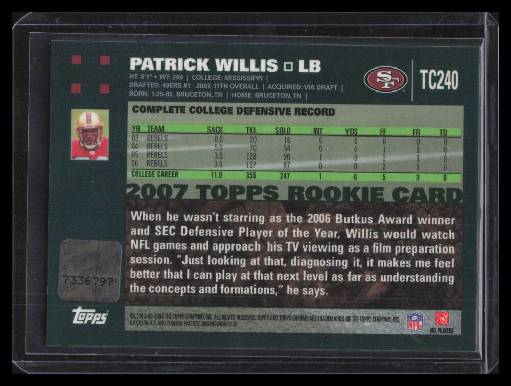 2007 Topps Chrome Rookie Autographs tc240 Patrick Willis Rookie Auto