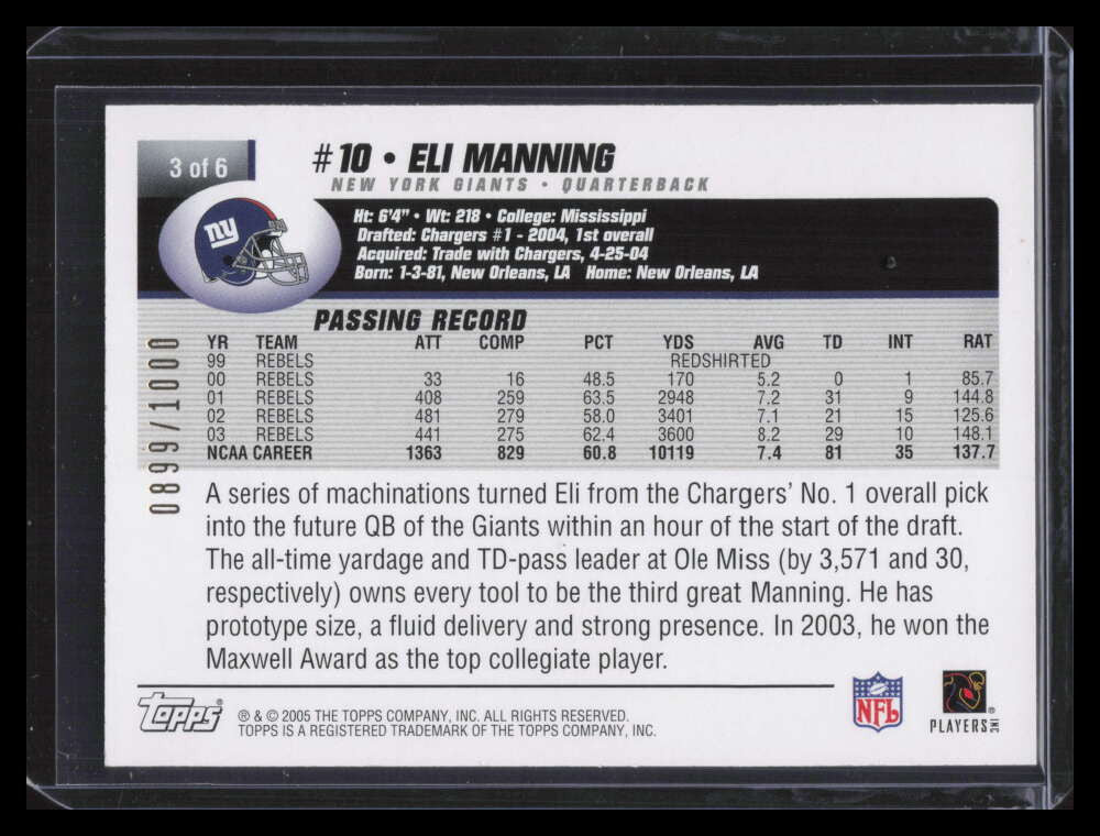2005 Topps Super Bowl XXXIX Card Show Promos 3 Eli Manning 899/1000