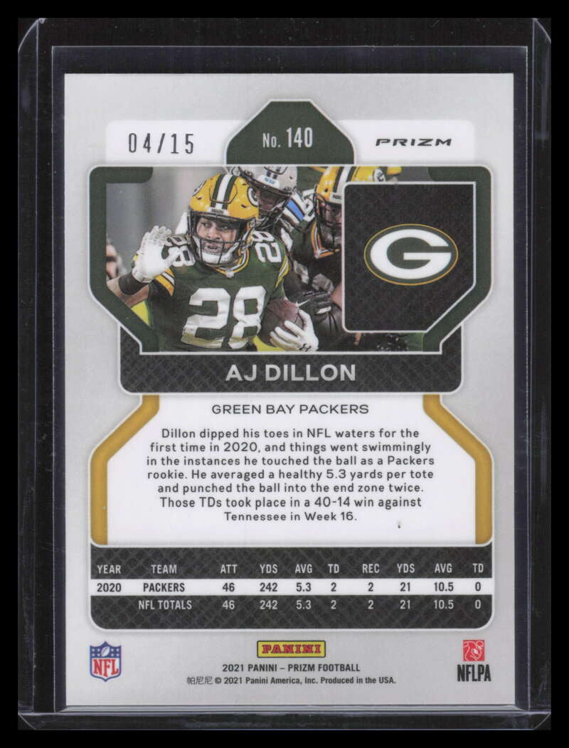 2021 Panini Prizm Prizms No Huddle Pink Refractor 140 A. J. Dillon 4/15
