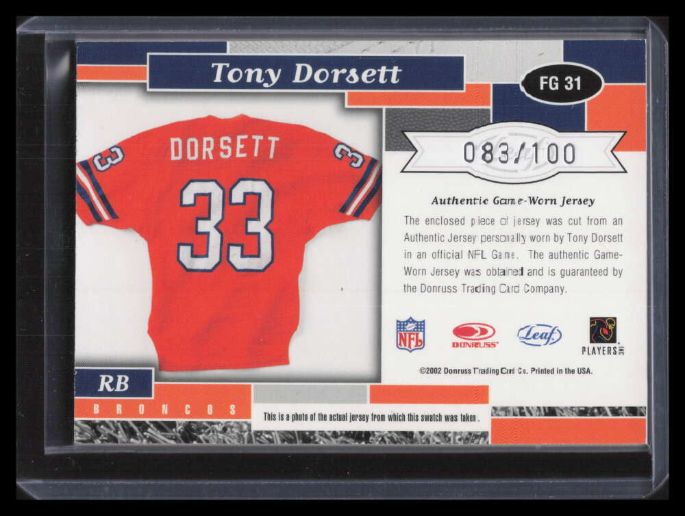 DELETE 152398 2002 Leaf Certified Fabric of the Game 31 Tony Dorsett Jersey 83/100