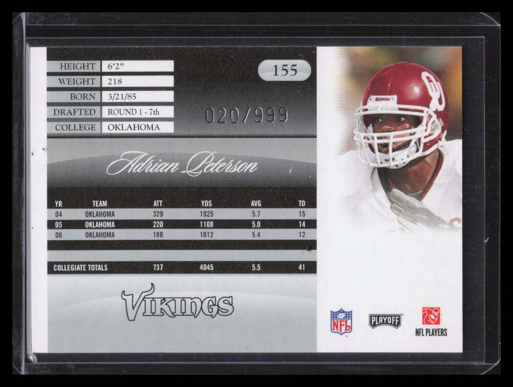 2007 Playoff Prestige Draft Picks Light Blue 155 Adrian Peterson Rookie 20/999