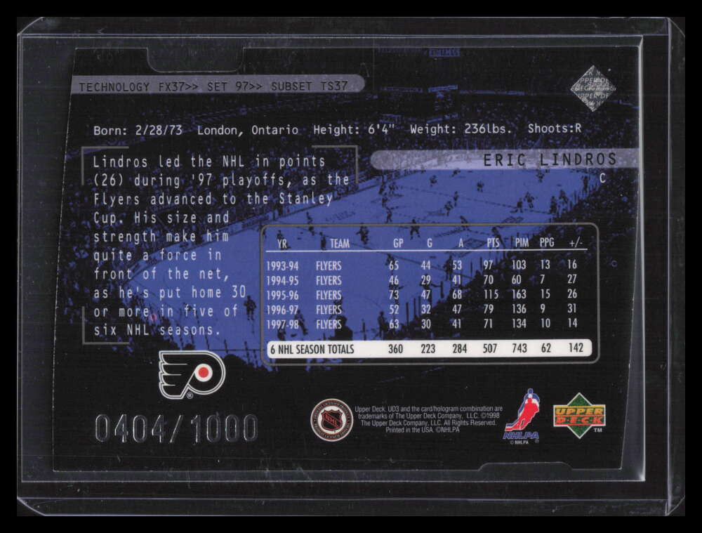 1998-99 UD3 Die-Cuts 97 Eric Lindros TSS 404/1000 Three Star Spotlight