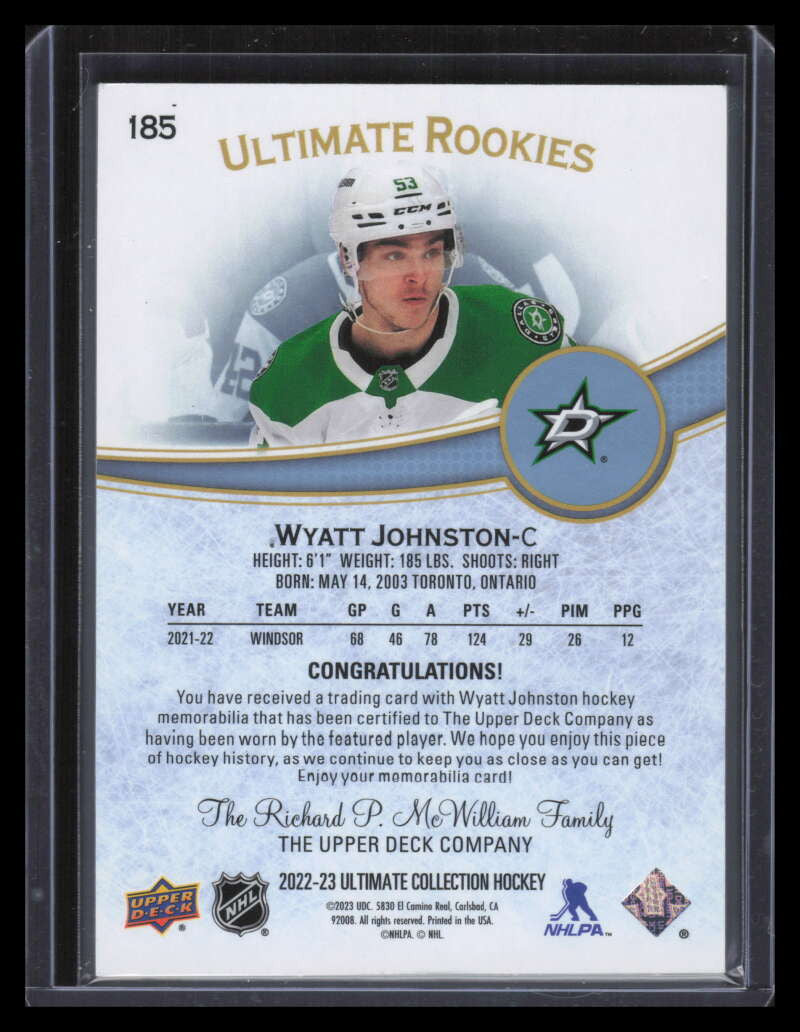 2022-23 Ultimate Collection Jerseys 185 Wyatt Johnston Rookie Jersey 797/799