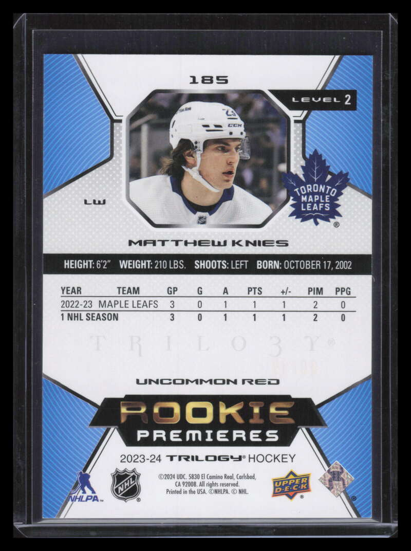 2023-24 Upper Deck Trilogy Red 185 Matthew Knies Rookie 10/99