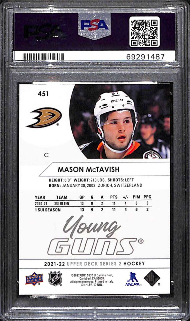 2021-22 Upper Deck 451 Mason McTavish Rookie YG Young Guns PSA 9 MINT