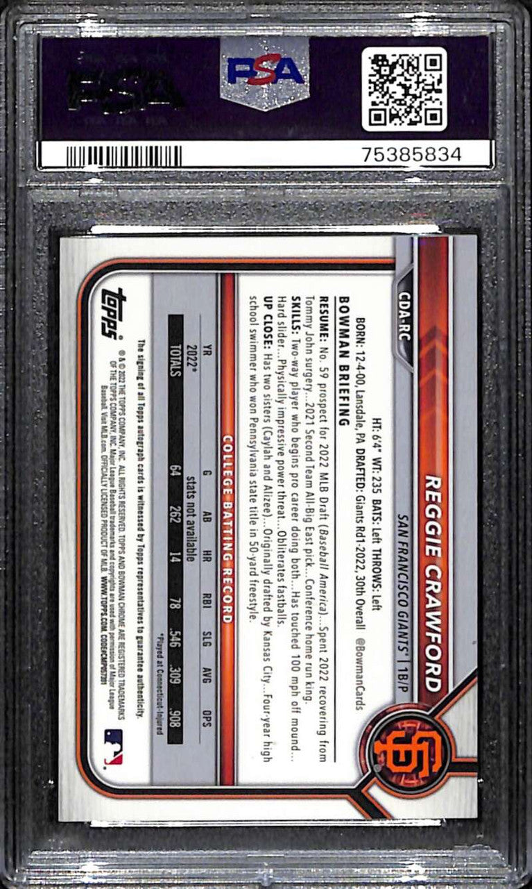 2022 Bowman Chrome Purple Refractor Reggie Crawford Rookie Auto 169/250 PSA 9