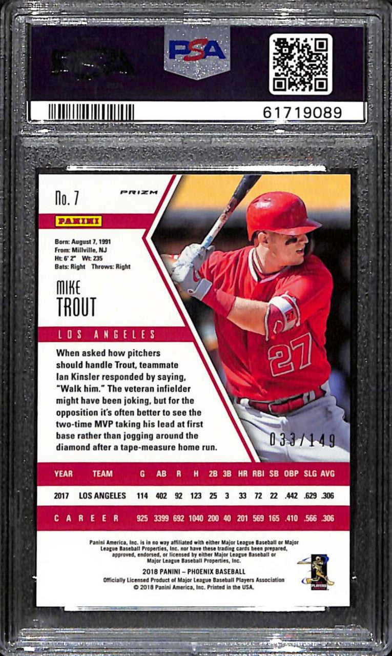 2018 Panini Phoenix Blue 7 Mike Trout 33/149 PSA 10 GEM MT
