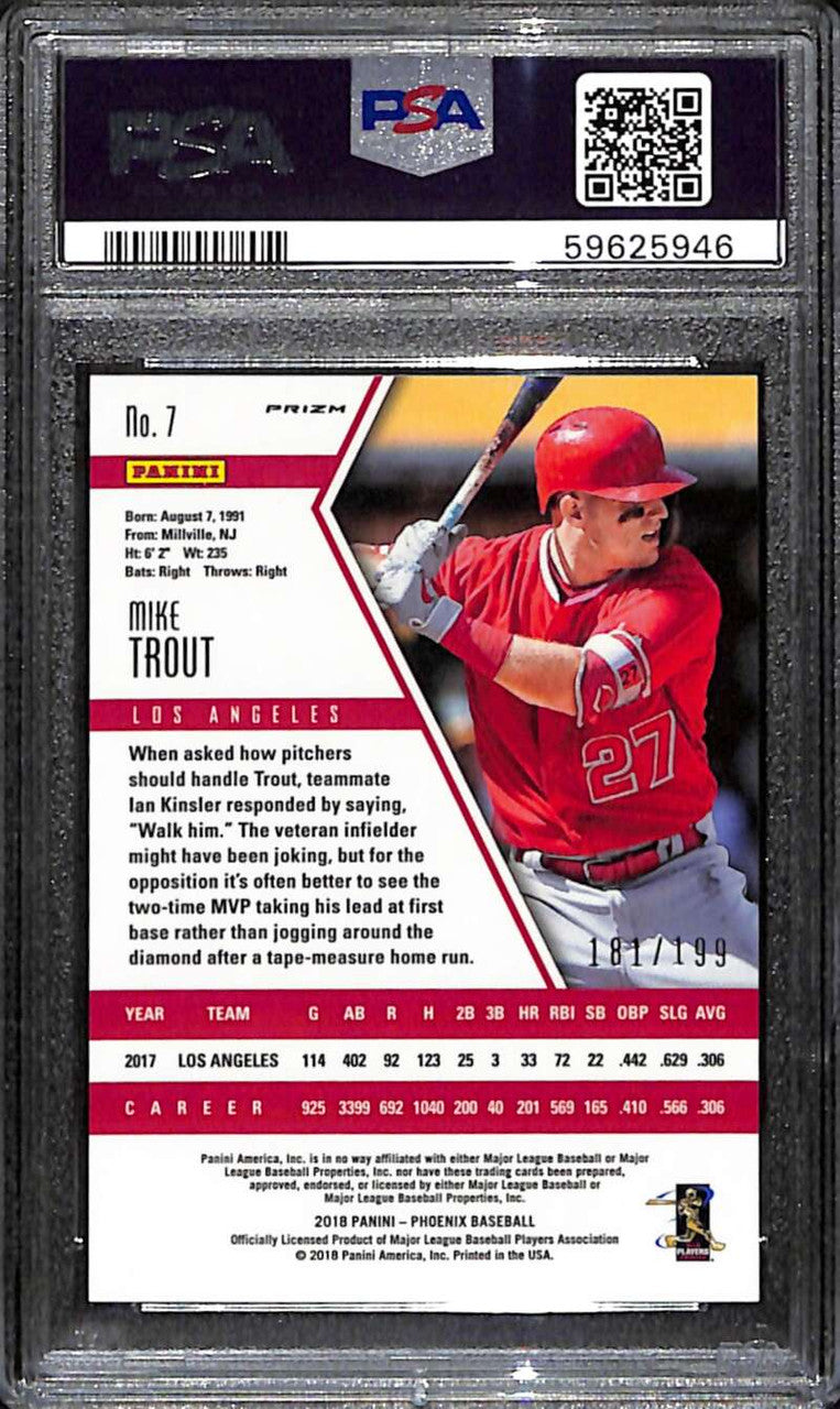 2018 Panini Phoenix Orange 7 Mike Trout 181/199 PSA 10 GEM MT