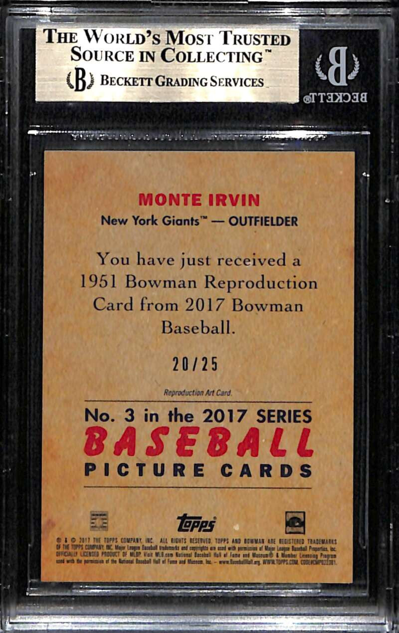 2017 Bowman Chrome '51 Bowman Orange Refractor 3 Monte Irvin 20/25 BGS 9.5 GEM