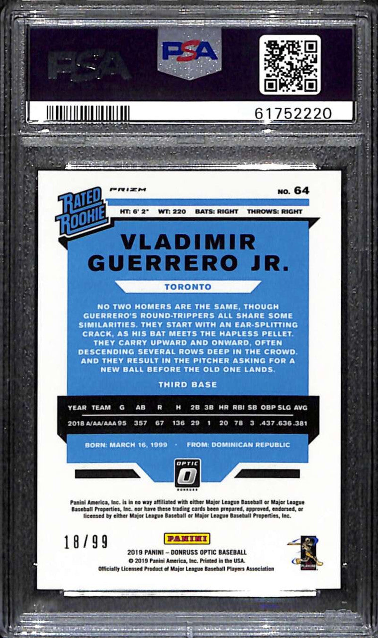 2019 Donruss Optic Purple Pandora 64 Vladimir Guerrero Jr. Rookie 18/99 PSA 9