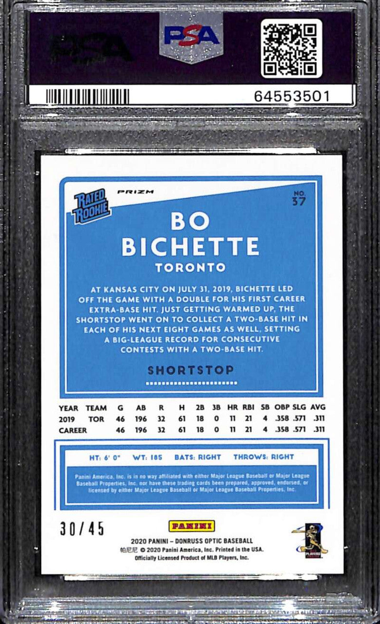 2020 Donruss Optic Liberty Choice Refractor 37 Bo Bichette Rookie 30/45 PSA 9
