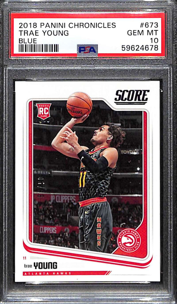 2018-19 Panini Chronicles Blue 673 Trae Young Score Rookie 5/99 PSA 10 GEM MT