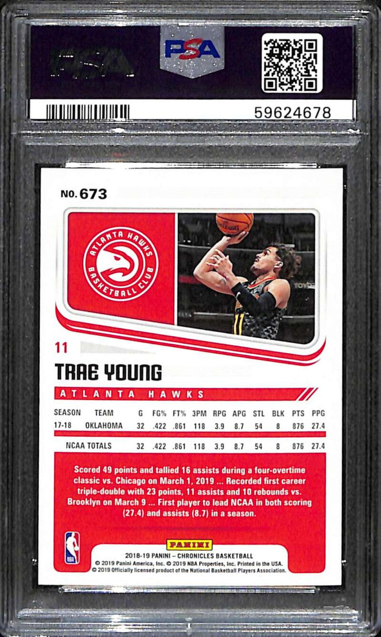 2018-19 Panini Chronicles Blue 673 Trae Young Score Rookie 5/99 PSA 10 GEM MT